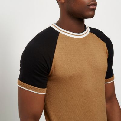 Camel brown slim fit raglan T-shirt